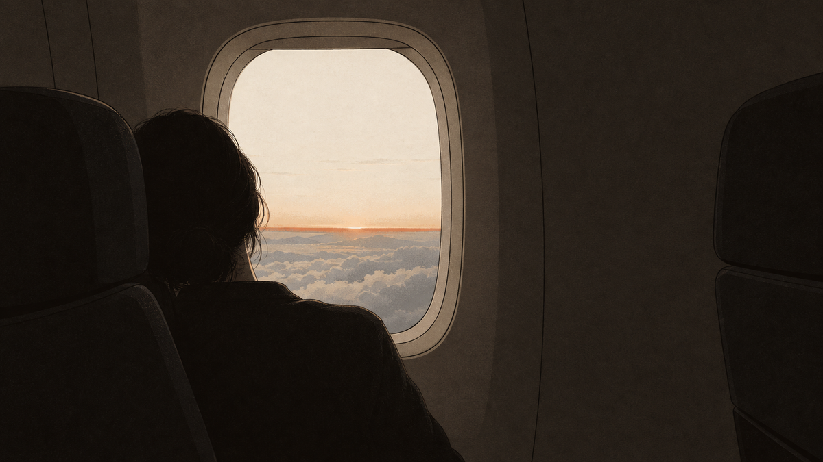 Illustration of a traveler resting against an airplane window at dawn