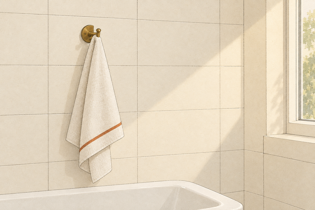 Illustration of a linen towel on a brass hook in a hotel bathroom