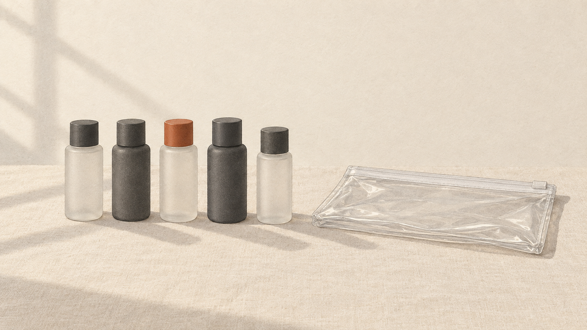 Illustration of small travel bottles beside a clear quart-size bag